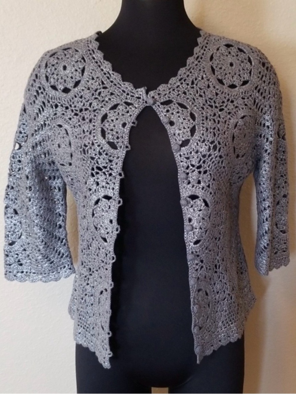 BCBGMAXAZRIA Gray Crochet Openwork Women's Cardigan Sweater